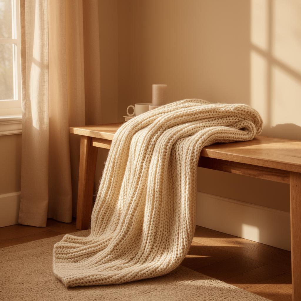 Soft sunlight on a warm cream blanket inside a quiet family home