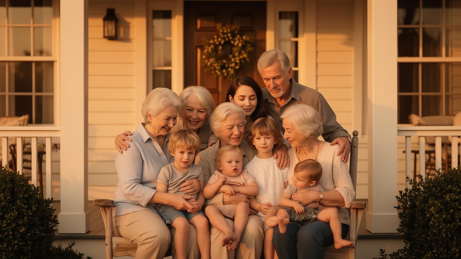 A multigenerational family gathered on the porch of their home at golden hour